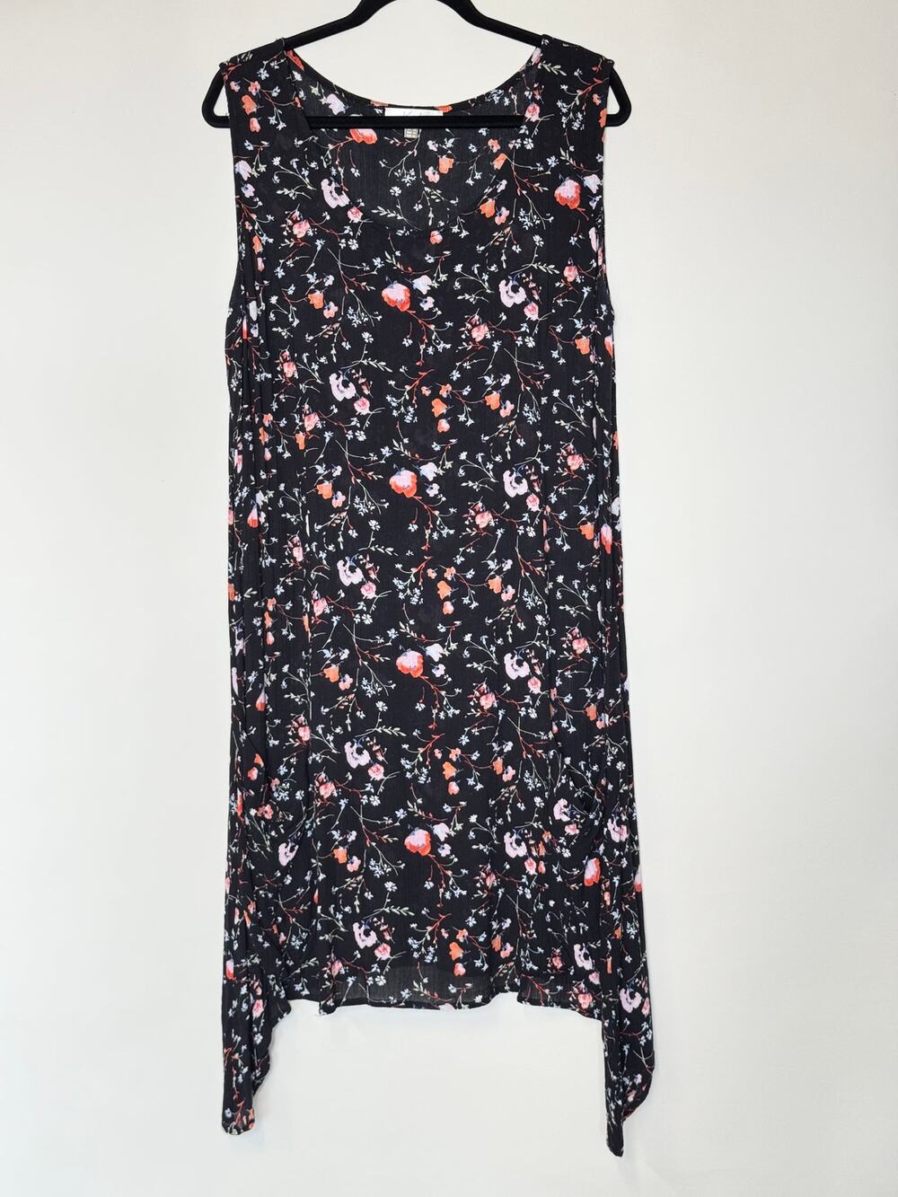 Black Floral Trapeze Sundress Pockets Sleeveless XL / 14 Beach Vacation Coverup